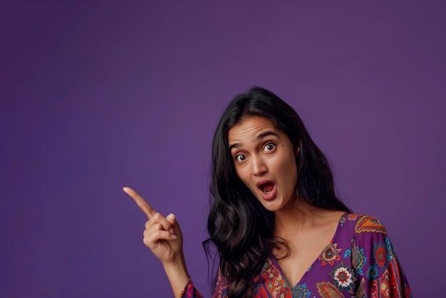 Surprised young indian lady pointing at free space over purple studio background