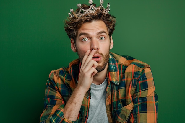 Surprised young man wearing crown looking at front putting hand on mouth isolated on green wall