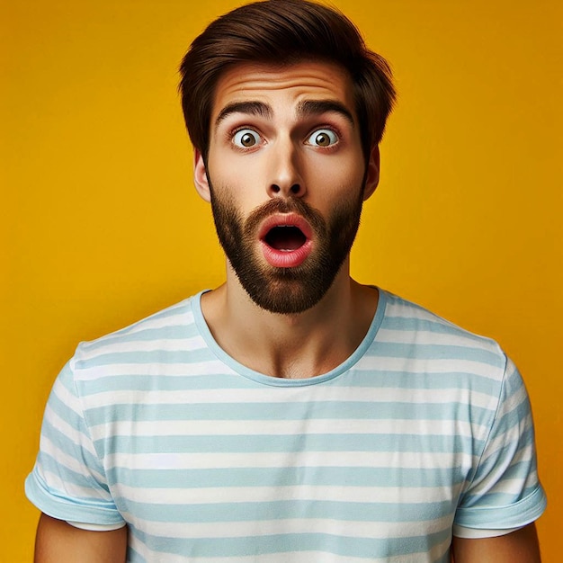 Surprised young man with beard and green eyes looking at the camera with his mouth wide open