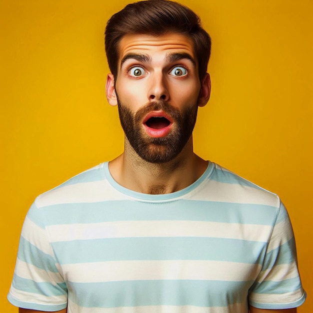 Photo surprised young man with beard and green eyes looking at the camera with his mouth wide open