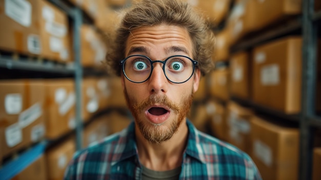 Photo surprised young man with curly hair and glasses wearing a plaid shirt standing in a warehouse