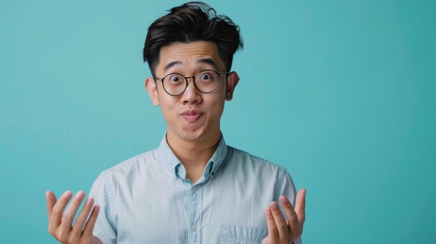 Surprised young man with eyeglasses raising hands in a questioning gesture