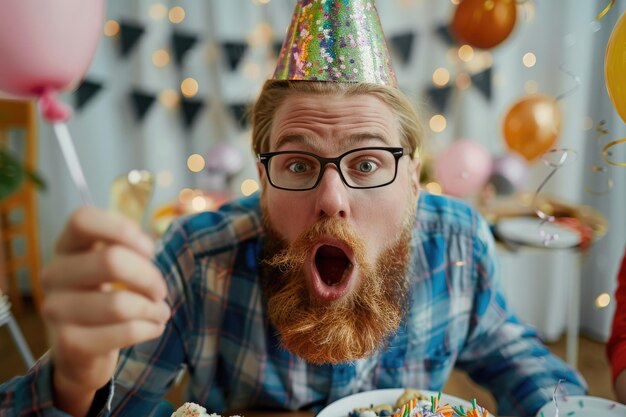 Photo surprised young man with fake beard at birthday party