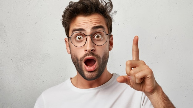 Photo surprised young man with glasses is pointing at something out of frame with his mouth open in a shocked expression