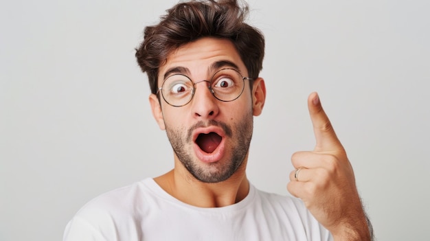 Photo surprised young man with glasses is pointing at something out of frame with his mouth open in a shocked expression