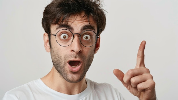 Photo surprised young man with glasses is pointing at something out of frame with his mouth open in a shocked expression