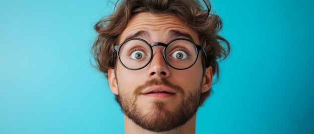 Surprised young man with glasses poses against a blue background indoors