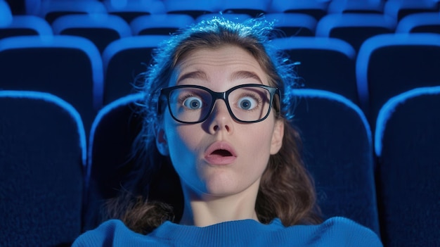 A surprised young woman in glasses enjoys a thrilling movie in a dark theater with blue lighting