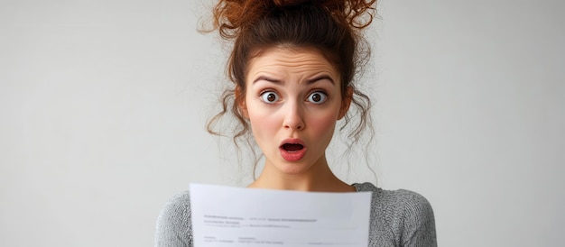 Photo surprised young woman holding document with shocked expression against plain background