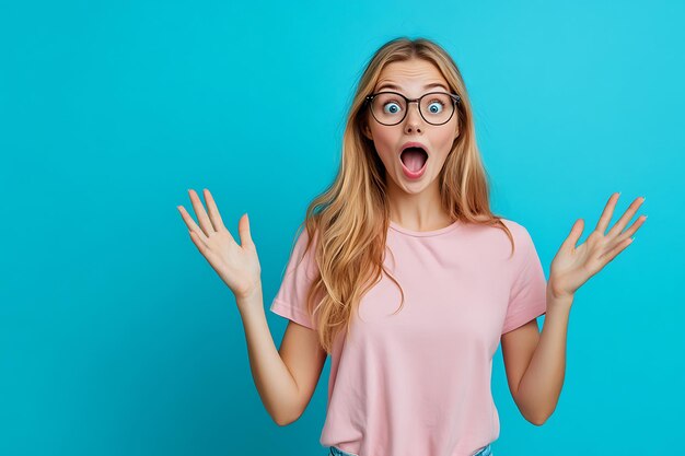 Photo surprised young woman raising her hands