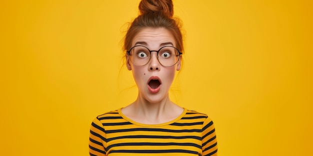 surprised young woman with glasses opened her mouth yellow background Generative AI