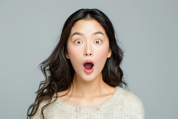 Surprised Young Woman with Shocked Expression and Open Mouth in Yellow Sweater for Emotional