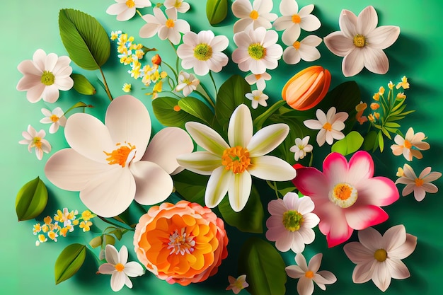 Surprising Background of spring flowers Top view realistic Generative Ai