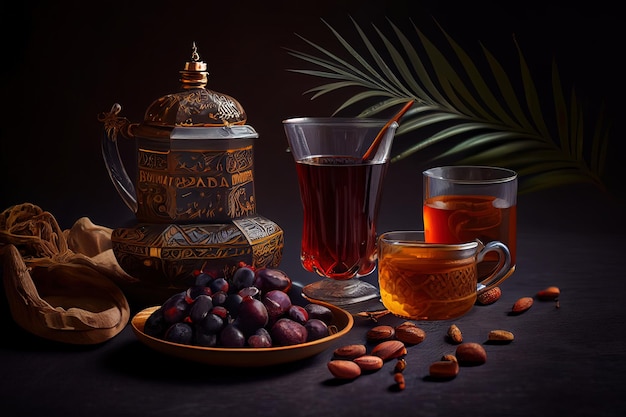 Surprising Ramadan food and drinks concept Ramadan wood rosary tea and dates fruits on dark background Generative Ai