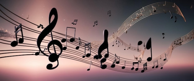 Surreal 3D floating musical notes in a dreamy sky with colorful clouds