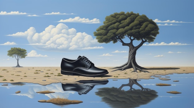 Surreal 3d Landscape Black Shoe In Water Neoclassical Art