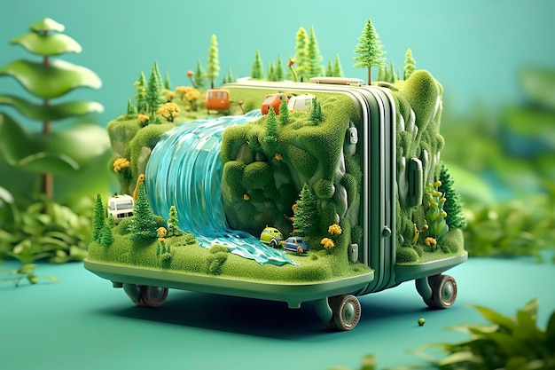 Surreal 3D Landscape Illustration of a Forest River with Luggage in Light Green and Light Blue AI Generative