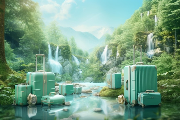 Surreal 3D Landscape Illustration of a Forest River with Luggage in Light Green and Light Blue