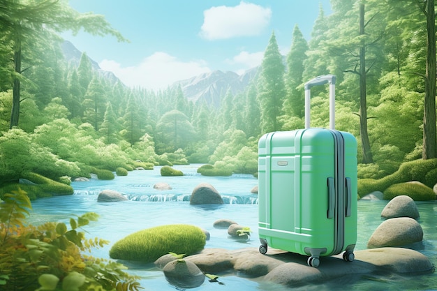 Surreal 3D Landscape Illustration of a Forest River with Luggage in Light Green and Light Blue