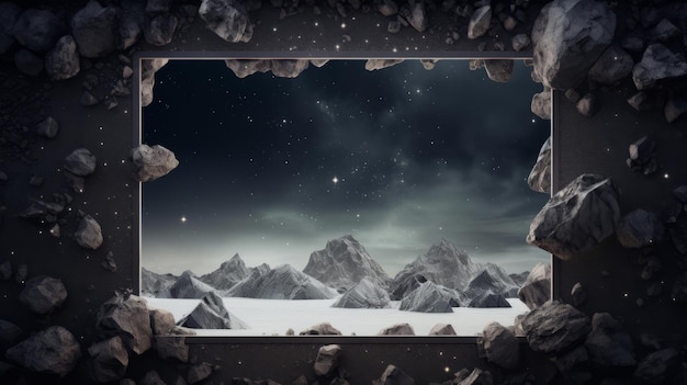 Surreal 3d Landscape Window Frame Mockup With Galaxy Background