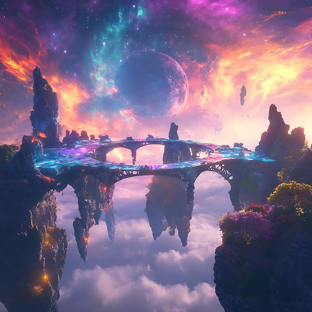 Surreal 3D Landscape with Floating Islands and Vibrant Skies