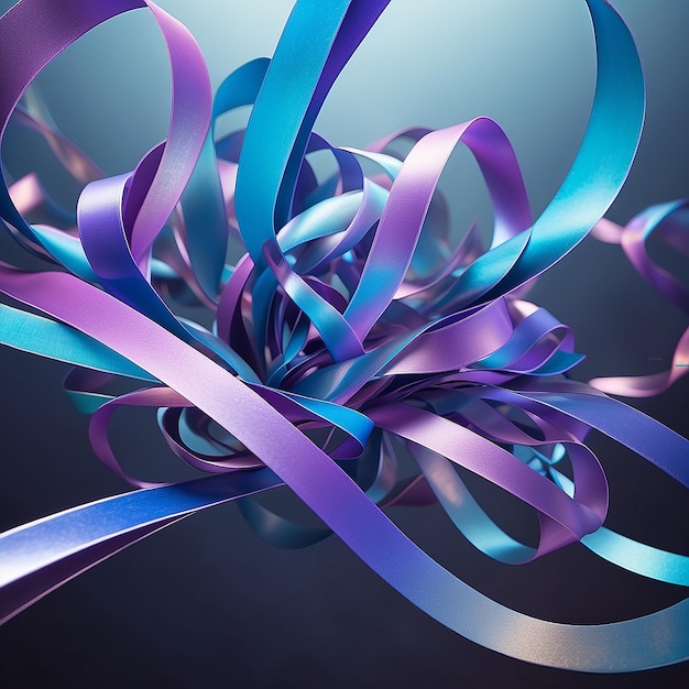 Photo a surreal 3d scene featuring twisted holographic ribbons floating in mid air