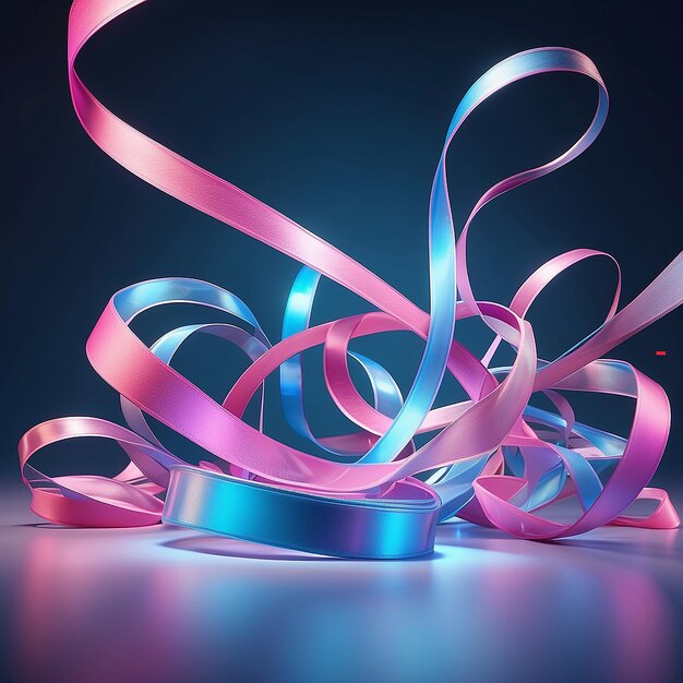 Photo a surreal 3d scene featuring twisted holographic ribbons floating in mid air