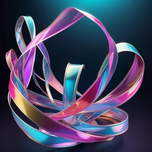 Photo a surreal 3d scene featuring twisted holographic ribbons floating in mid air