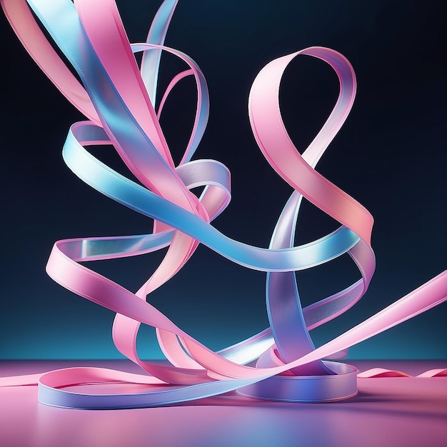 Photo a surreal 3d scene featuring twisted holographic ribbons floating in mid air