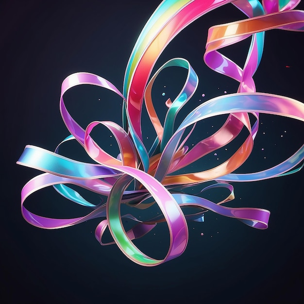 Photo a surreal 3d scene featuring twisted holographic ribbons floating in mid air