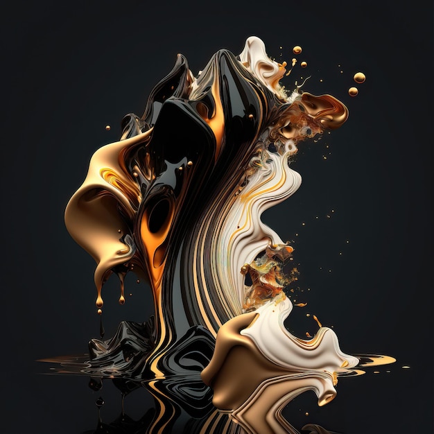 Surreal abstract art of gloss black white and gold paint flows and splashes with color gradients