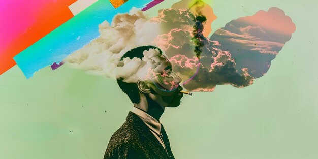 Surreal Abstract Art with Human Profile and Clouds in Vibrant Colors