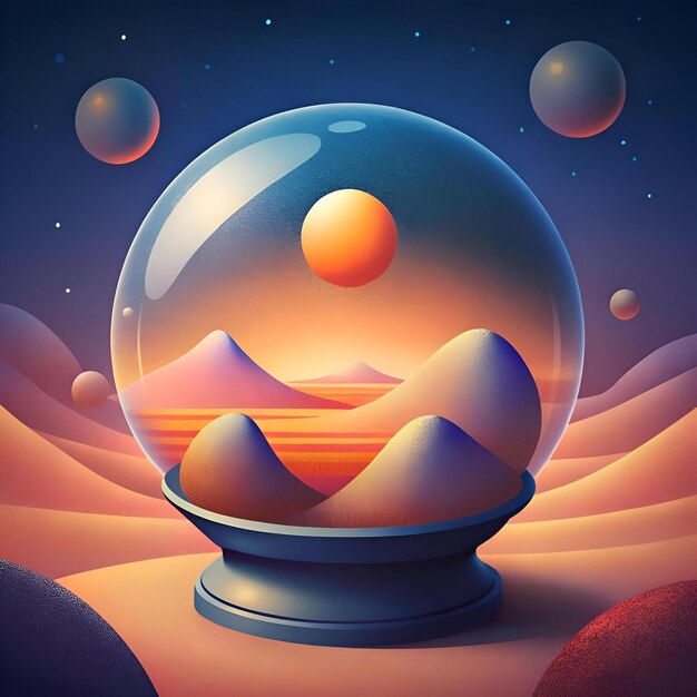 A surreal abstract image of a glass sphere containing a desert landscape with a vibrant sunset and floating planets in the background