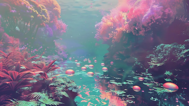 Photo surreal aquatic landscape with floating orbs and lush foliage