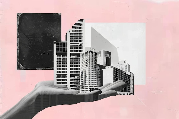 Photo surreal architectural collage on hand with abstract background in monochrome and pink