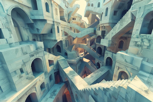 Surreal architectural labyrinth with intricate staircases intertwining creating an otherworldly atmosphere of endless passageways