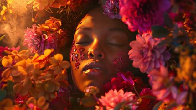 Surreal Art Female Face in Flower Crown with Vibrant Flowers