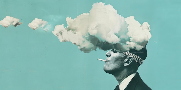 Photo surreal art of man smoking with cloud over head conceptual and abstract