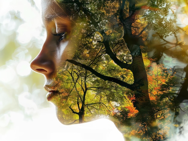 Photo surreal art photography woman blended with nature dreamlike portrait artistic fusion of human and