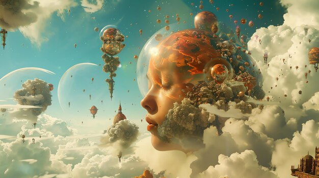 Photo surreal art with a womans face in a bubble surrounded by floating buildings and clouds