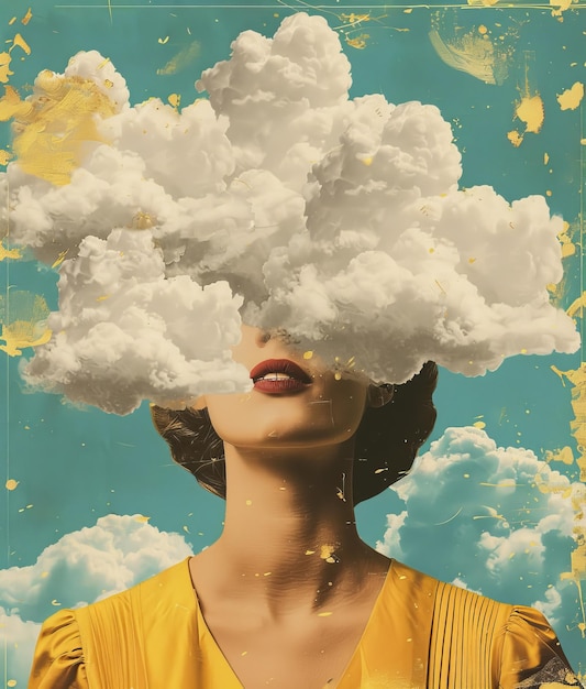 Surreal art of a woman with clouds obscuring her face in a vibrant blue sky