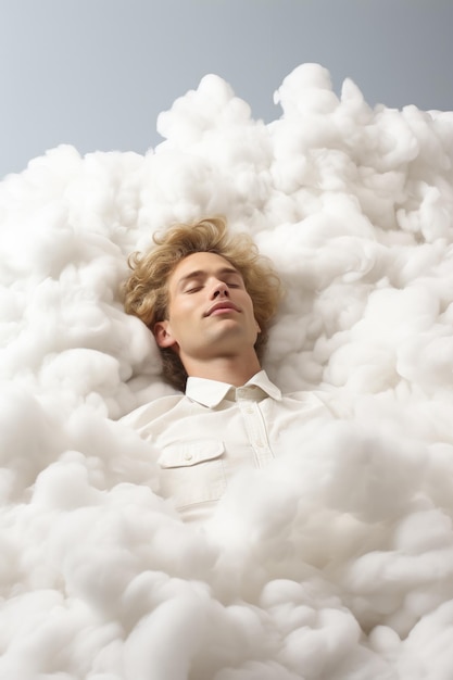 Surreal artist laying on a fluffy cloud isolated on a white background