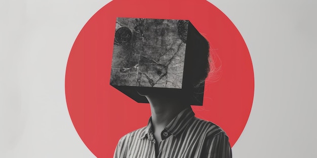 Surreal Artistic Portrait with Red Circle and Textured Box Head