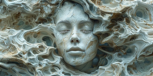 Surreal artwork of woman face blended with organic textures abstract artistic composition