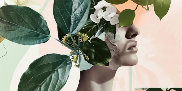 Photo surreal beauty portrait with floral elements and pastel tones