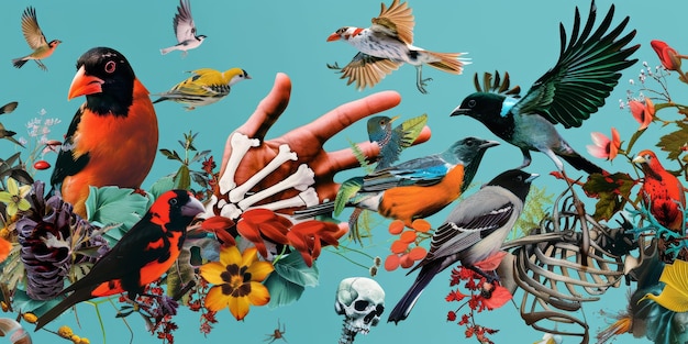 Photo surreal bird collage with skeleton hand in nature