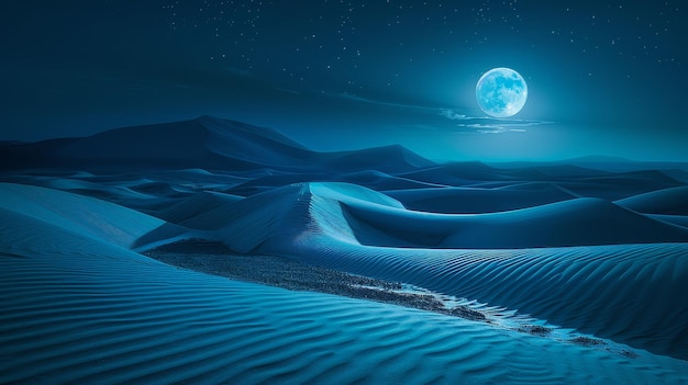 Photo surreal blue desert night with full moon a serene and mystical night scene featuring a full moon illuminating blue sand dunes under a starry sky in a desert landscape