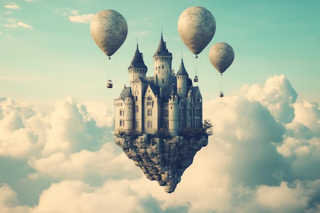 Photo surreal castle floating in the sky with balloons