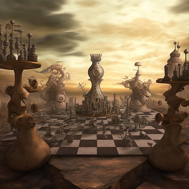 Surreal chess game board and pieces figurines intricate figurines designn beautiful made art