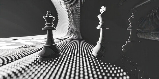 Photo a surreal chessboard landscape with towering kings and endless perspective in monochromatic beauty